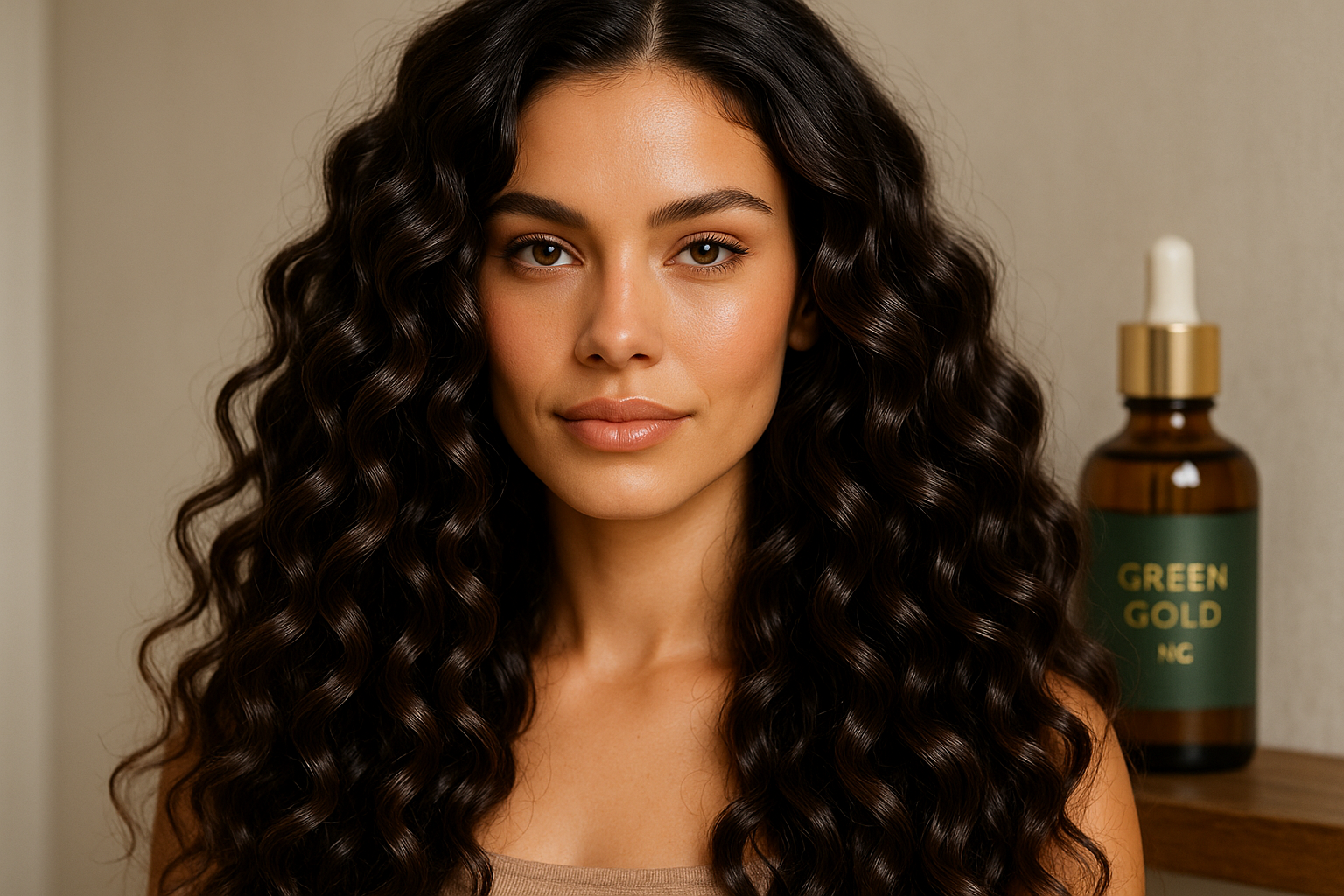 Mujer con pelo suelto, rizos muy definidos, pelo largo con mucho brillo usando el aceite de la marca green gold nc 