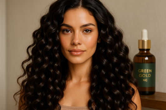 Mujer con pelo suelto, rizos muy definidos, pelo largo con mucho brillo usando el aceite de la marca green gold nc 